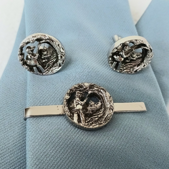 Cufflinks Tie Clip Set Vintage MCM Fly Fishing Fisherman Fish SP Detailed - Picture 1 of 16